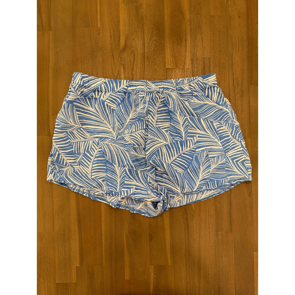 Shade & Shore Blue White Tropical Palm Linen Blend Beach Shorts Womens Large